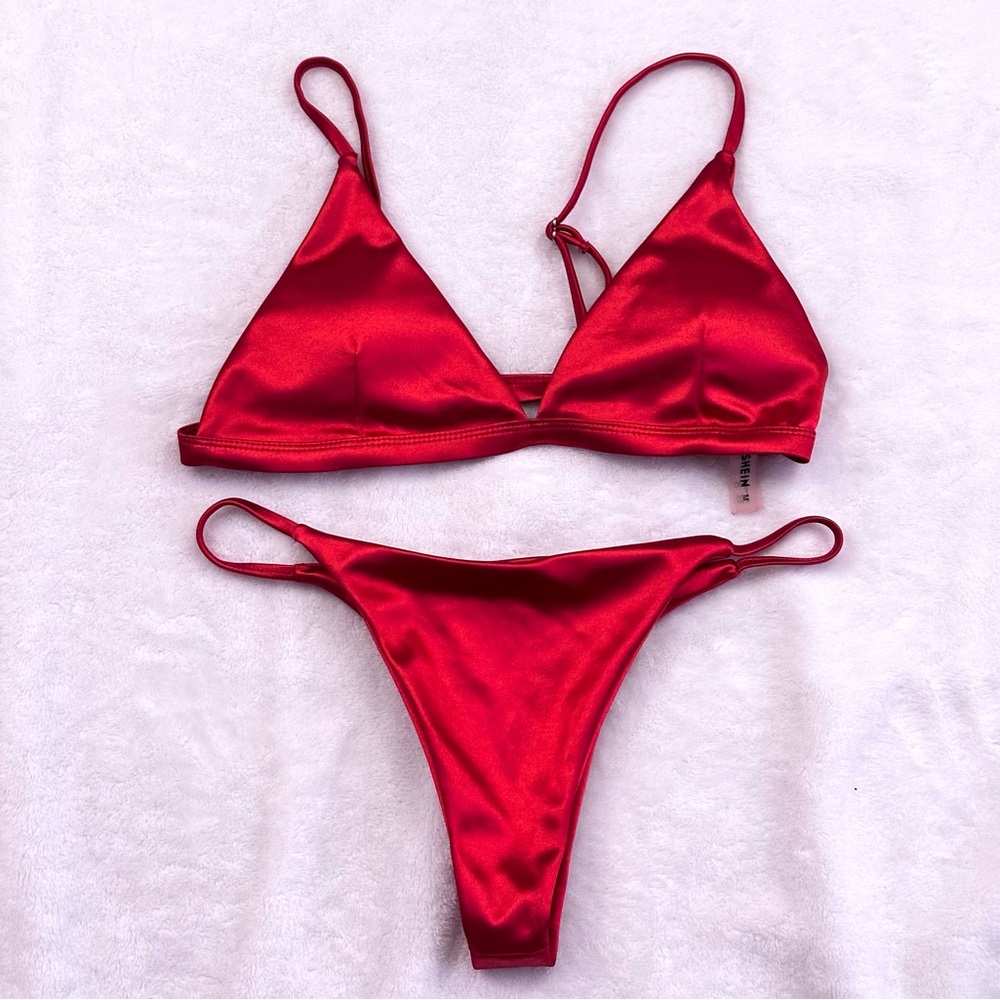 SHEIN Swim Summer Beach Satin Triangle Tanga Bikini Set Size M